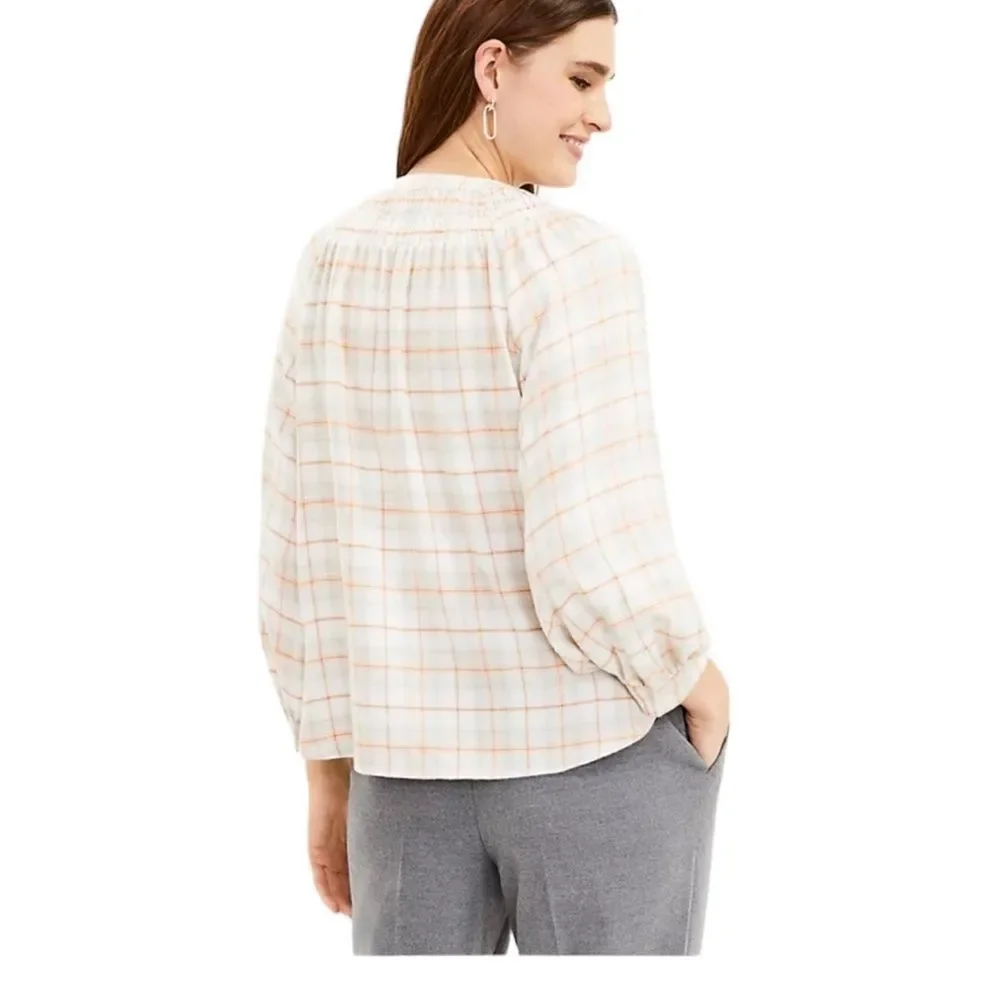 LOFT Plaid Smocked Henley Top Blouse Cream Gray Orange Women's, Size M